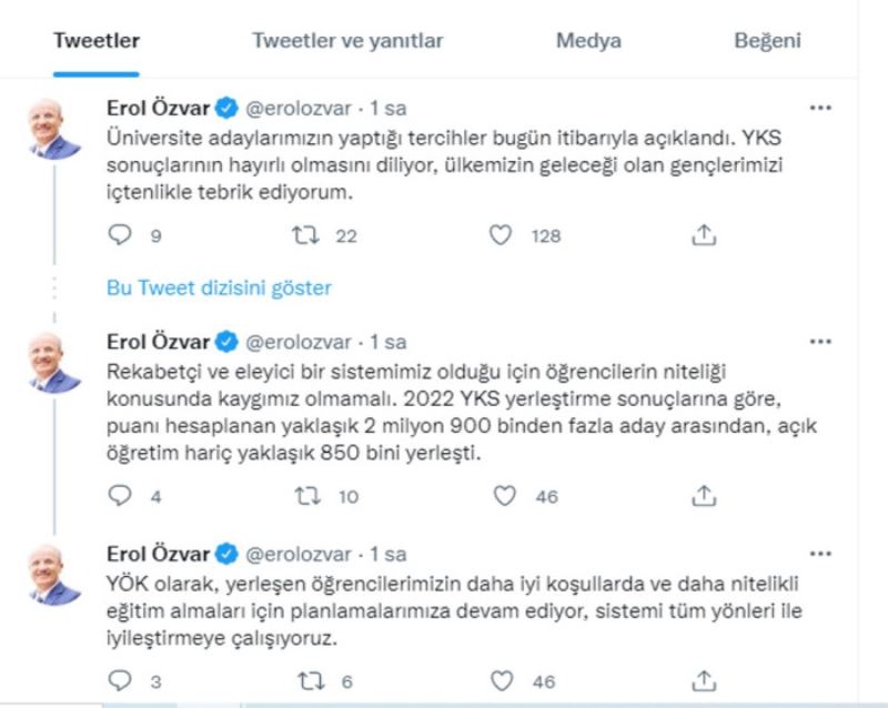 YÖK Başkanı Özvar: 
